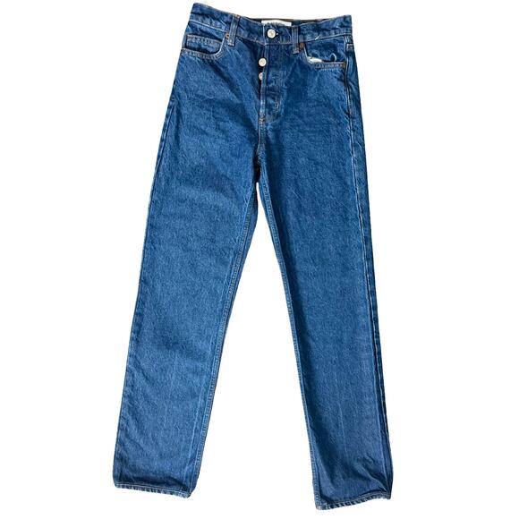 Reformation Medium Blue Button Fly Cynthia High Rise Long Straight Jeans size 23 - Picture 2 of 10